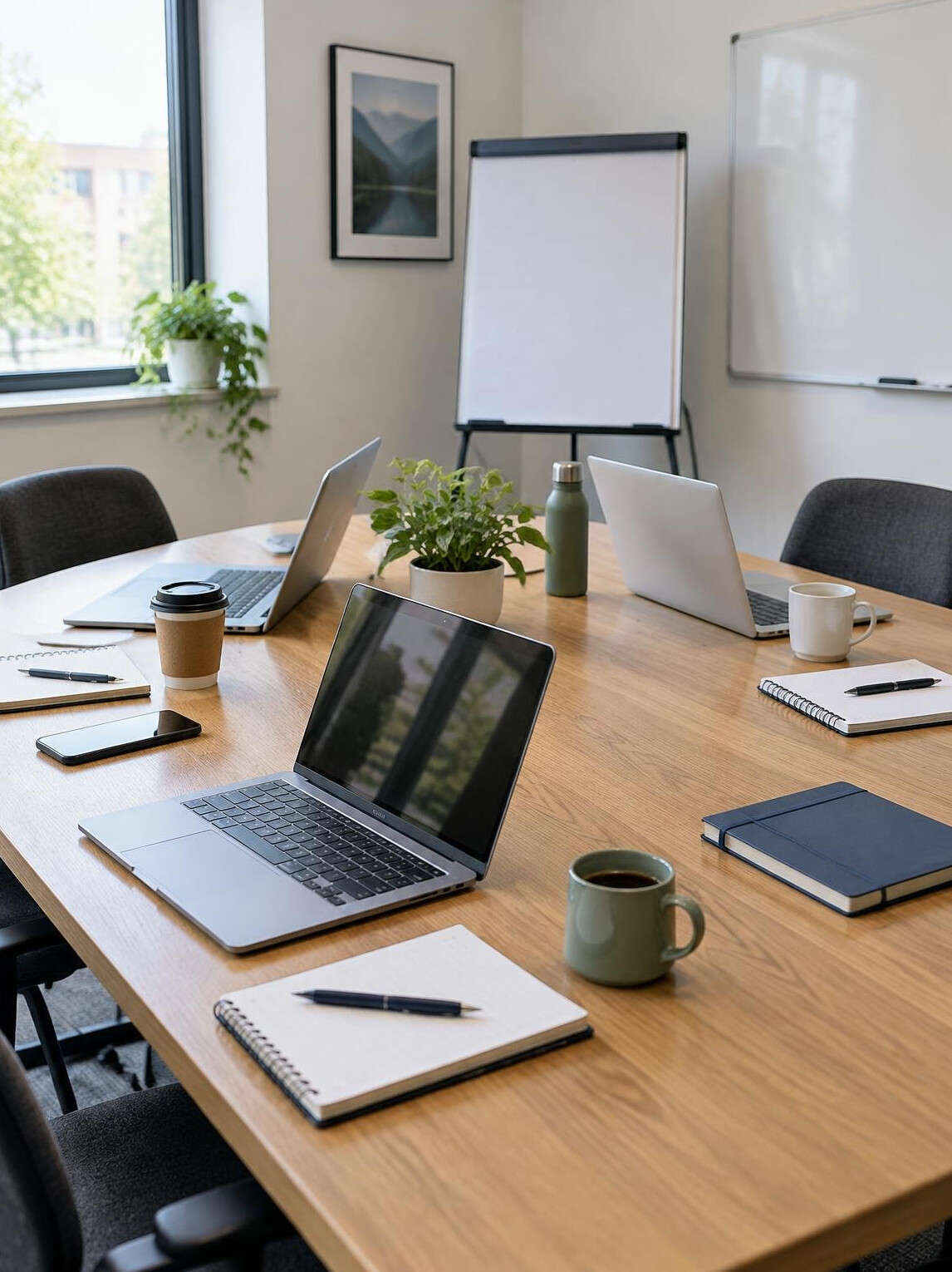 Desk with laptop and coffee in a shared workspace